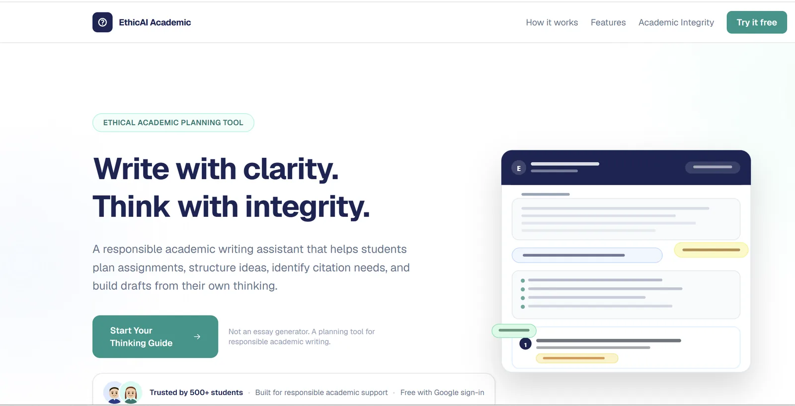 Screenshot of the Assignment Thinking Assistant landing page — 'Write with clarity. Think with integrity.'